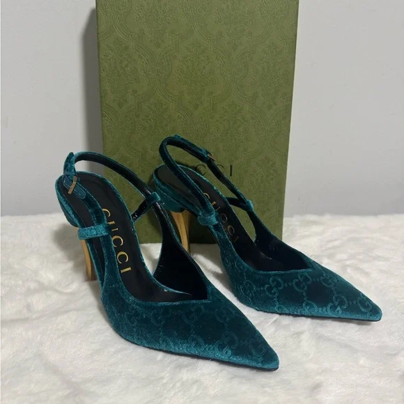 Gucci Blue Velvet Slingback Heels - Picture 1 of 10